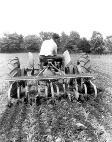 back view of man on tiller in middle of field