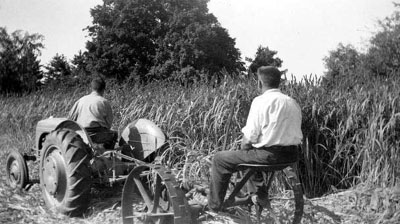 man with tractor towing mower with man along millet
